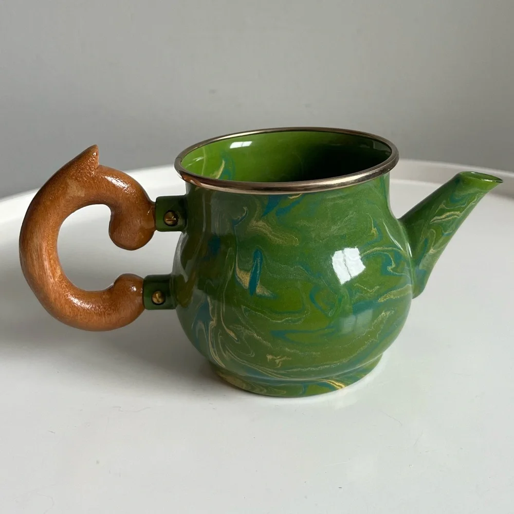 Vintage MacKenzie - Childs Victoria And Richard Green Enamel Teapot No Lid Woo